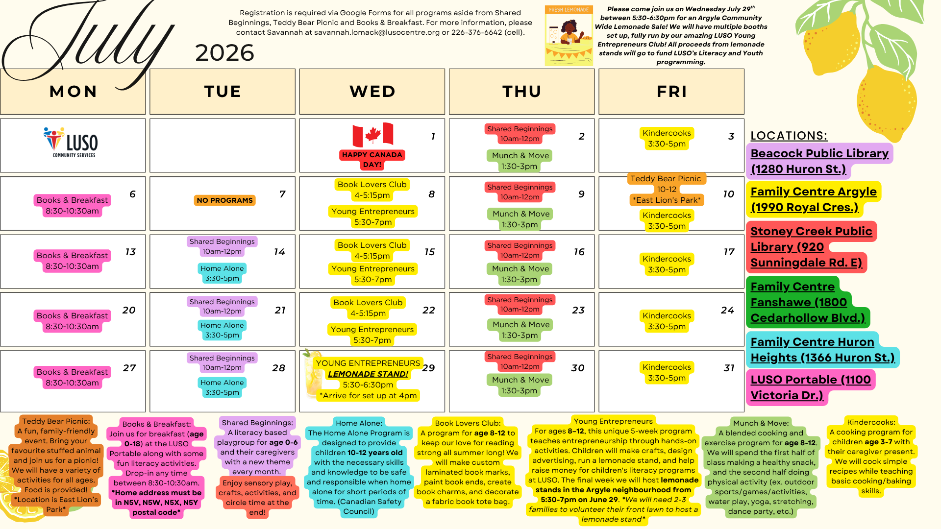 calendar of activities